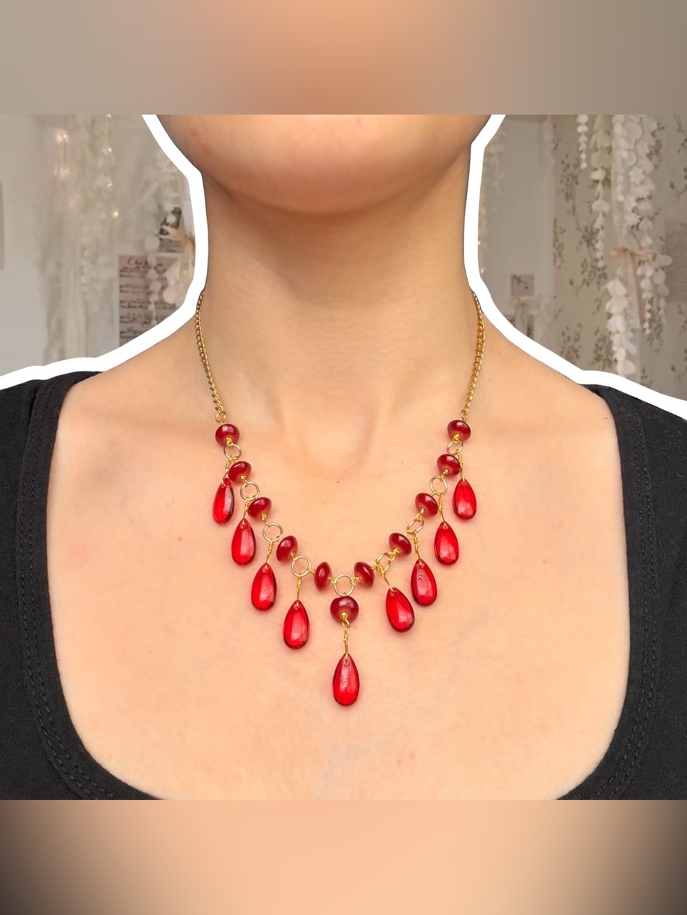 Handmade Blood Red Teardrop Statement Necklace